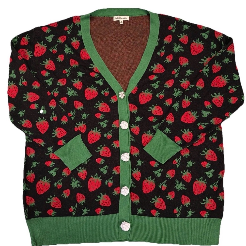 NWT Saint Geraldine Strawberry Fields Forever Cardigan Sweater Black/Red/Green
